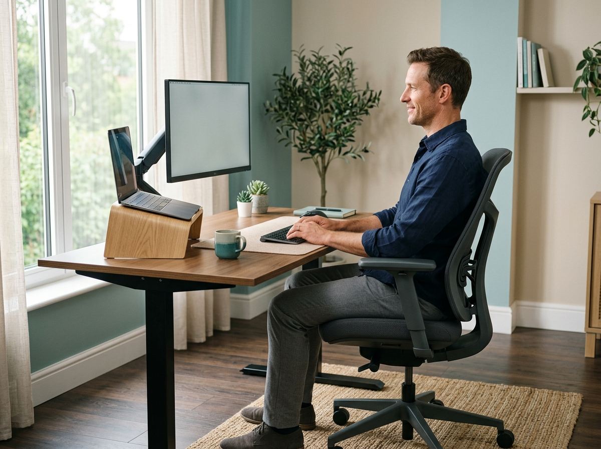 Bărbat așezat corect la un birou ergonomic